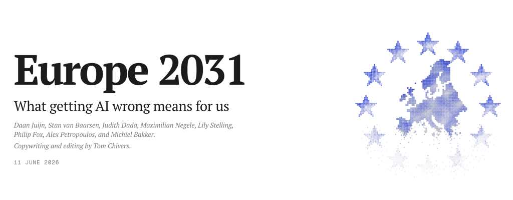 Europe 2031 headlines with an image of pixelated stars arching over a pixelated mountaintop.